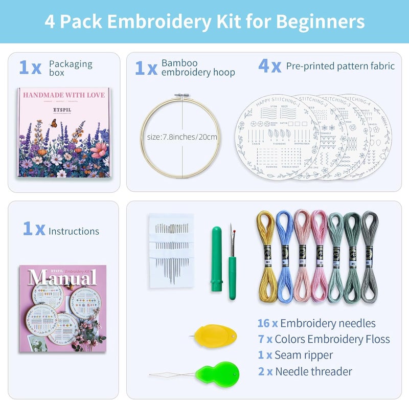 ETSPIL Beginner Embroidery Kit for Adults & Teens – 33 Stitches, Stamped Plant & Wreath Patterns, Hoop, Threads & Tools, Video & Manual Instructions, Easy & Fun DIY Gift for Craft Lovers - Image 2